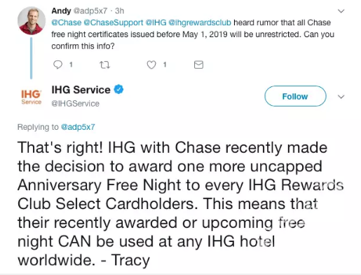 Chase和IHG决定明年5月再执行此项新政策：IHG卡年度Free Night将限制兑换上限，最高40k点数的酒店