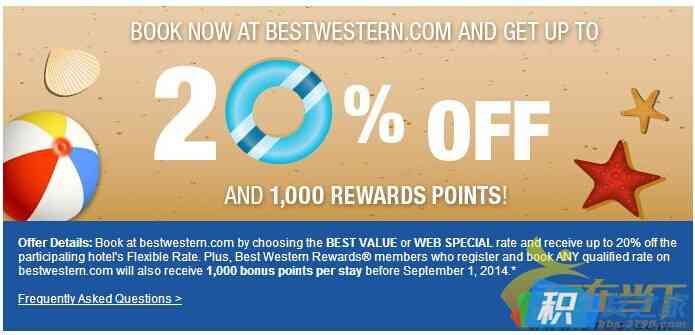 Best Western 最佳西方酒店夏日促销，最高20%折扣，同时每次有效入住有额外的 1000 Bonus Points